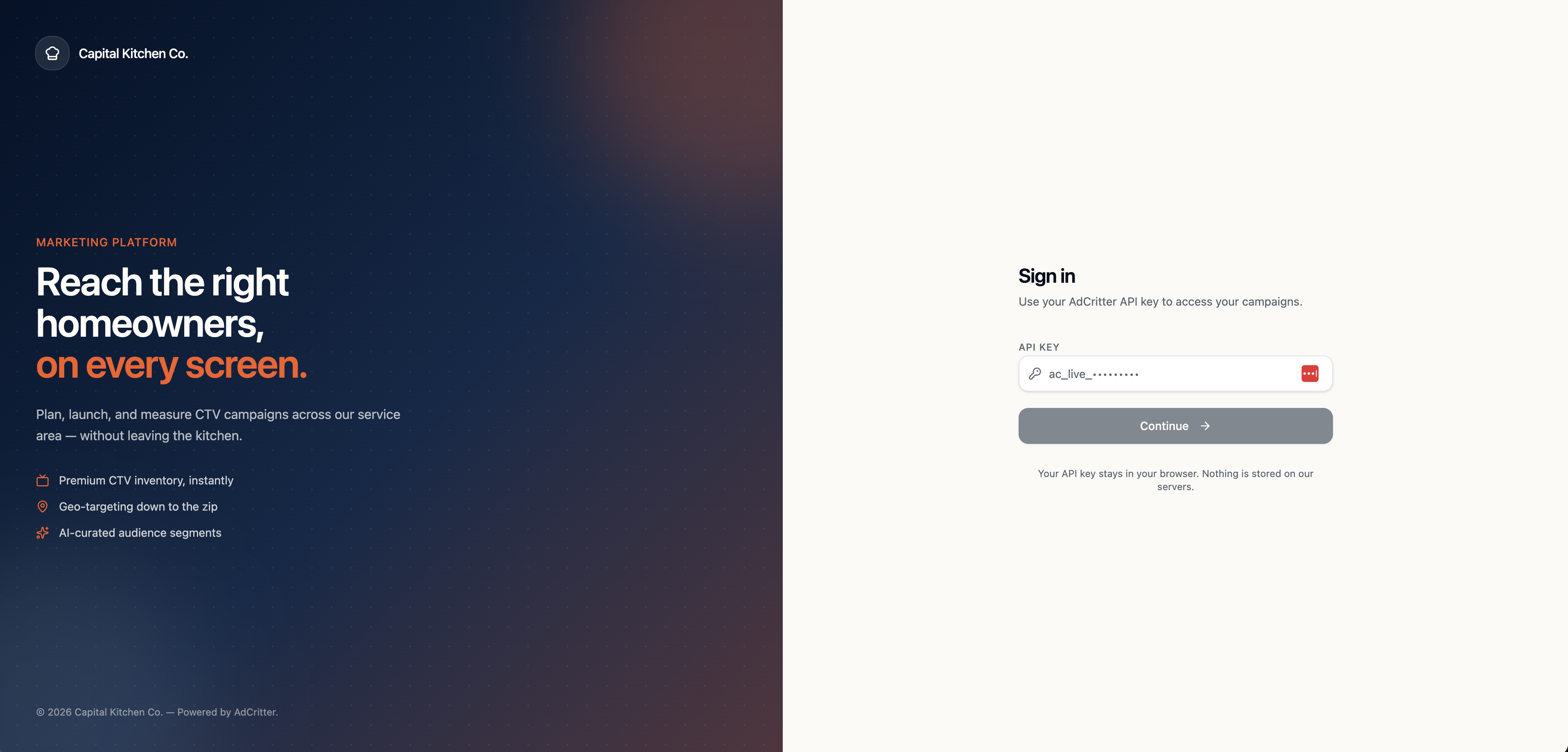 Capital Kitchen Co. ad platform login screen